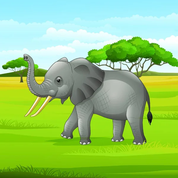Elefante Dei Cartoni Animati Piedi Nella Savana — Vettoriale Stock