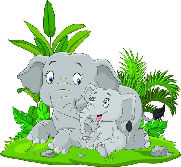 草の中の漫画の母と赤ちゃんの象 — ストックベクタ