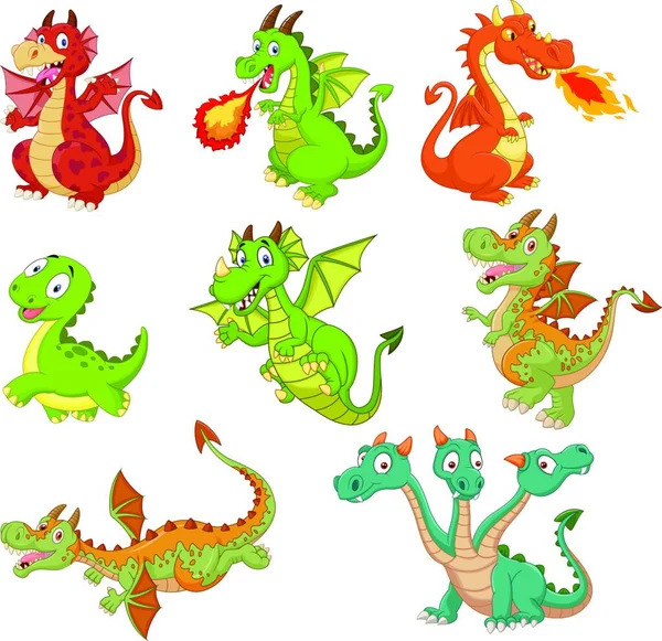 Conjunto Dibujos Animados Dragones Sobre Fondo Blanco — Archivo Imágenes Vectoriales