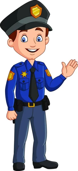 Cartoon Glimlachende Politieagent Zwaaiende Hand — Stockvector