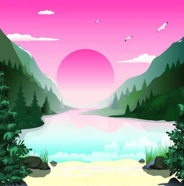 Гірський Ландшафт Озеро Горах Ліс Сонячний Світанок Небо Хмарами Піщаний — стоковий вектор
