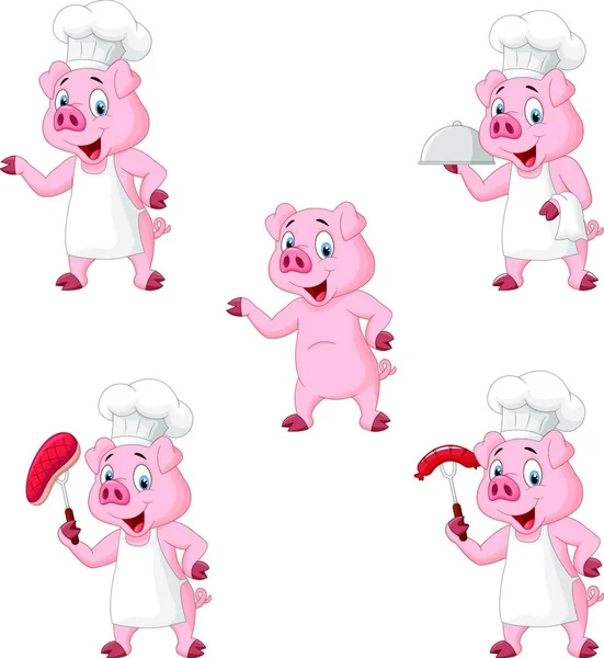 Cartoon Pig Chef Collection Set — Stock Vector
