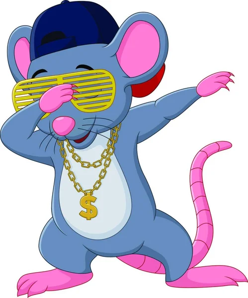 Cartoon Mouse Dabbing Dança Usa Óculos Sol Chapéu Colar Ouro —  Vetores de Stock