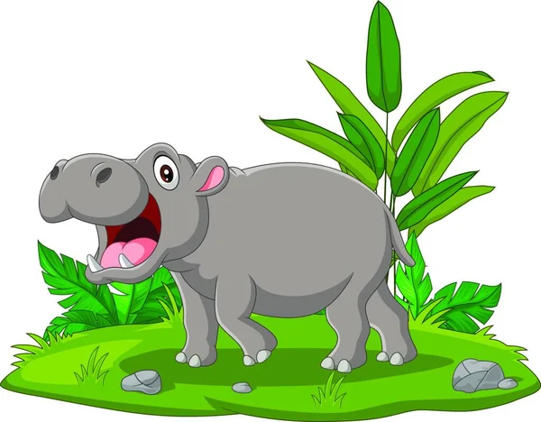 Hipopótamo Dibujos Animados Con Boca Abierta Hierba — Vector de stock