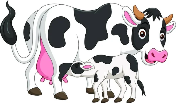 Cartoon Mother Cow Feeding Baby Calf — Stock Vector