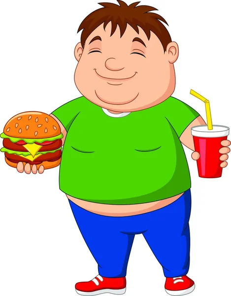 Overweight Boy Holding Hamburger Soda Drink — Stock Vector