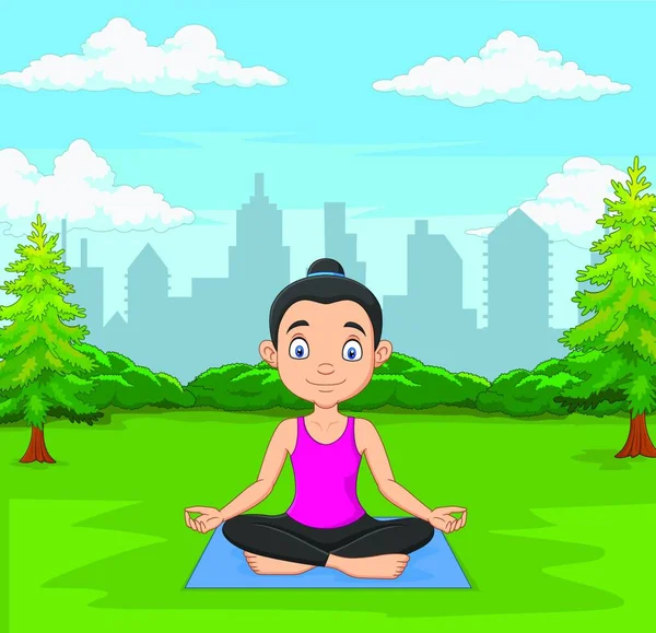 Yeşil Şehir Parkında Meditasyon Yapan Genç Bir Kadın — Stok Vektör