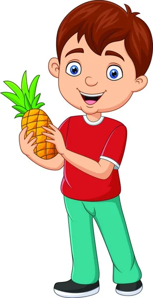 Cartoon Little Boy Holding Pineapple — Stock Vector