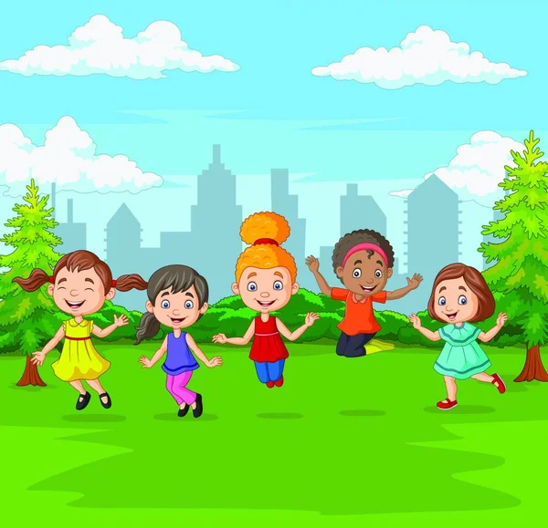 Happy Dzieci Skoków Zielonym Parku Miejskim — Wektor stockowy