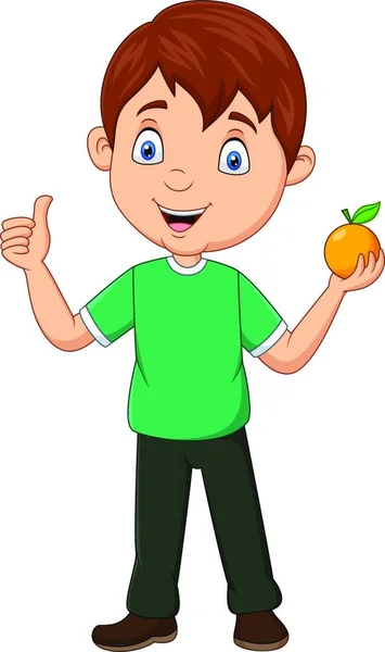 Çizgi Filmdeki Küçük Çocuk Elinde Portakal Meyvesi Tutuyor Başparmağını Kaldırıyor — Stok Vektör