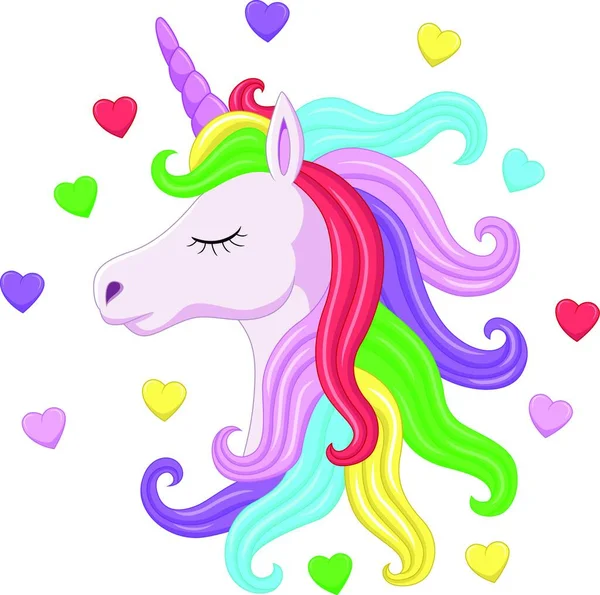 Cute Pink Unicorn Head Rainbow Mane Closed Eyes — Stock Vector