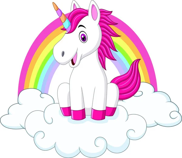 Cute Little Pony Unicorn Sitting Clouds — Stock Vector