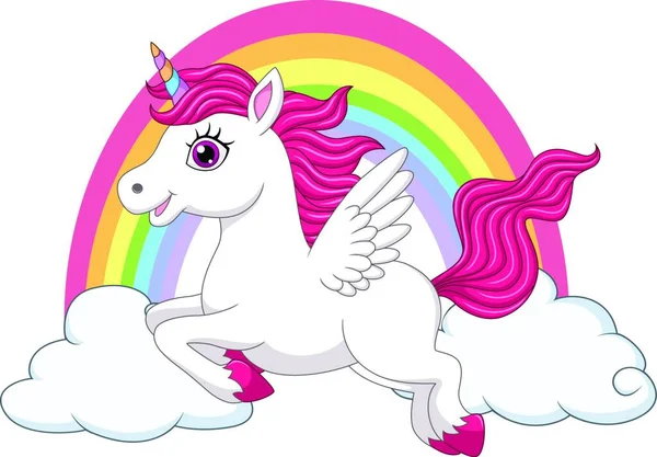 Cute Little Pony Unicorn Wings Clouds Rainbow — Stock Vector