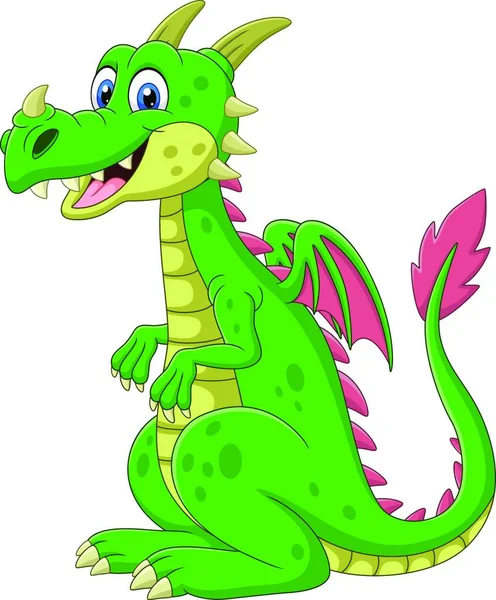 Dibujos Animados Feliz Dragón Verde Sentado — Vector de stock