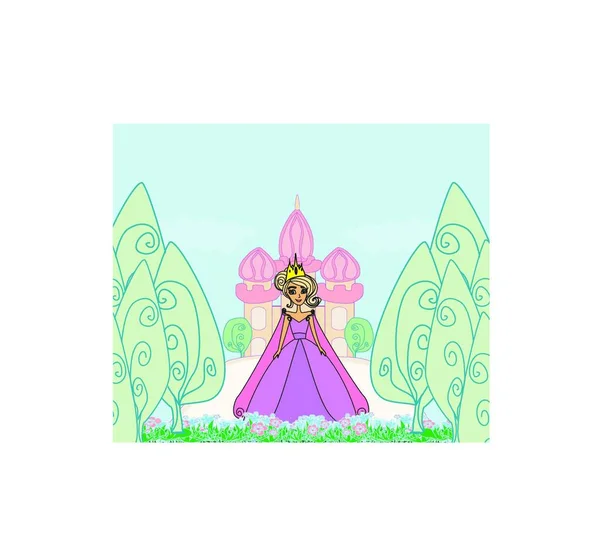 Όμορφη Βασίλισσα Μπροστά Από Κάστρο Της Doodle Εικονογράφηση — Διανυσματικό Αρχείο