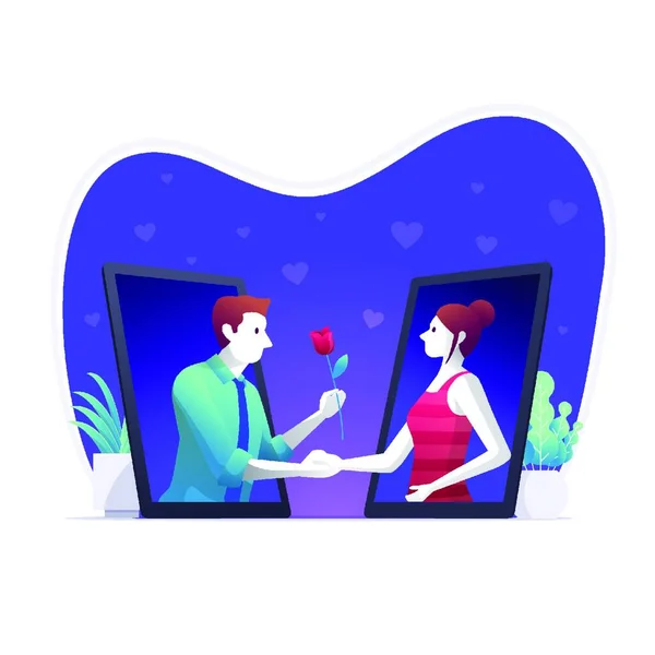 日付のためのモバイルアプリケーションを使用して男と女 オンラインで出会ったカップル 男は少女にバラをあげている ベクターのコンセプトイラスト — ストックベクタ