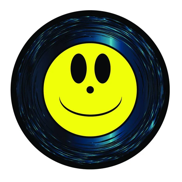 45张七寸醋唱片上有一张笑容可亲的Emoji鬼脸 白底上贴着黄色标签 — 图库矢量图片