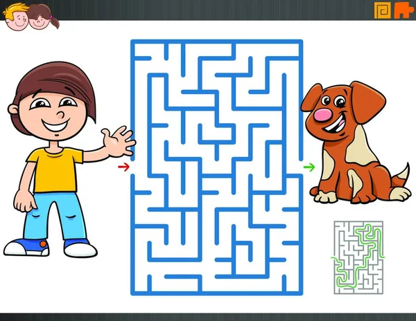 Rajzfilm Illusztrációja Oktatási Labirintus Puzzle Játék Gyerekeknek Fiú Kiskutya Karakter — Stock Vector