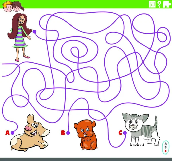 Karikatura Ilustrace Linií Bludiště Puzzle Hra Dívkou Roztomilé Domácí Zvířata — Stockový vektor