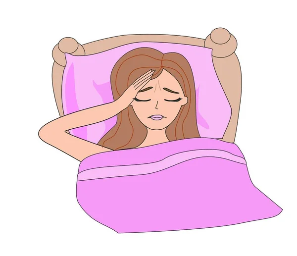 Εικονογράφηση Μιας Άρρωστης Κοπέλας Ξαπλωμένης Στο Κρεβάτι — Διανυσματικό Αρχείο