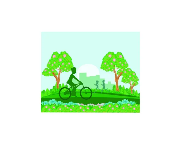 Árvore Verde Com Uma Bicicleta Parque — Vetor de Stock