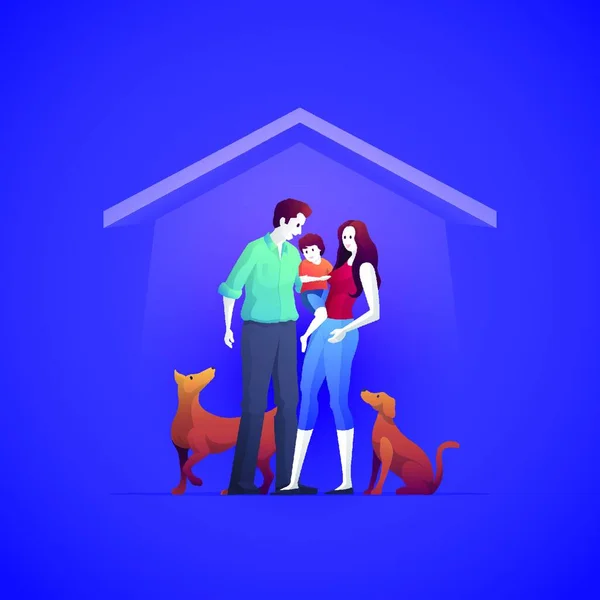家族は家と家の保険を購入し 男の子と2匹の犬と一緒に家の前に立っています 小さな男の子が母親の膝の上に立っている 住宅安全 住宅保険 — ストックベクタ
