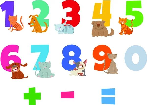 Cartoon Illustration Numbers Set One Nine Happy Cats Dogs Animal — Stock Vector