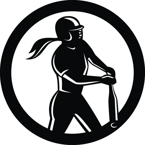 Ikona Maskotki Ilustracja Żeński Softball Gracz Nietoperz Zestaw Wewnątrz Koła — Wektor stockowy