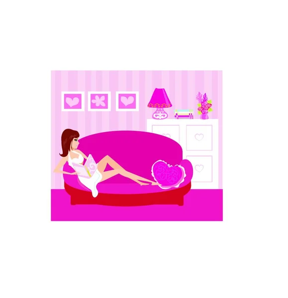 寝室のベクトル図のベッドの上で寝る心を持つ女性 — ストックベクタ