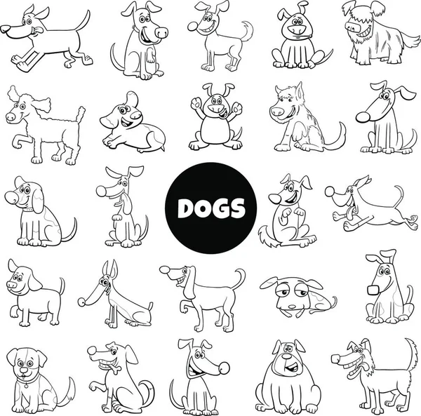 Black White Cartoon Illustration Dogs Puppies Animal Characters Set Large — Stock Vector