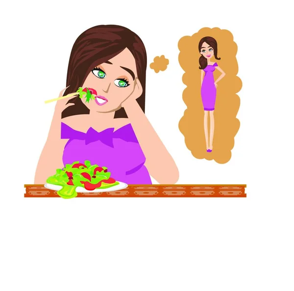 Junge Frau Isst Salat Mit Gemüse Und Obst Vektorillustration — Stockvektor