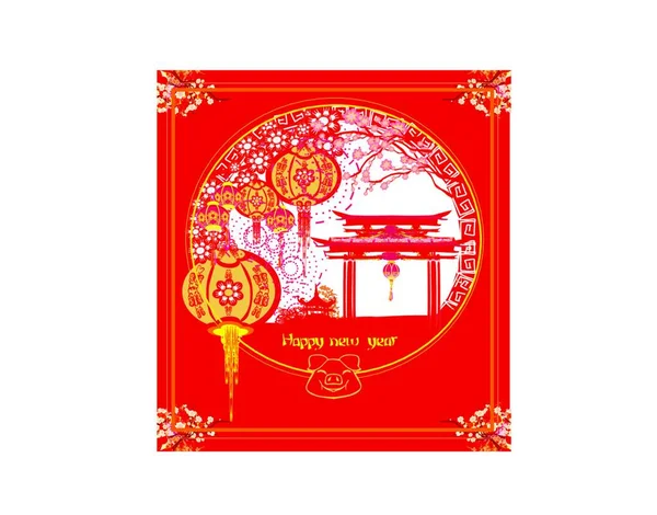 Chinese Nieuwjaarskaart Met Traditionele Architectuur Vector Illustratie — Stockvector