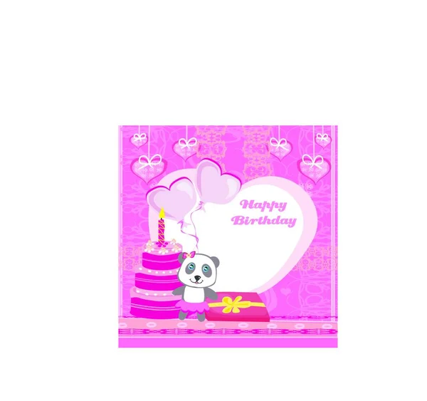Χαρούμενα Γενέθλια Κάρτα Χαριτωμένο Panda Μπαλόνια Κέικ Και Δώρο — Διανυσματικό Αρχείο