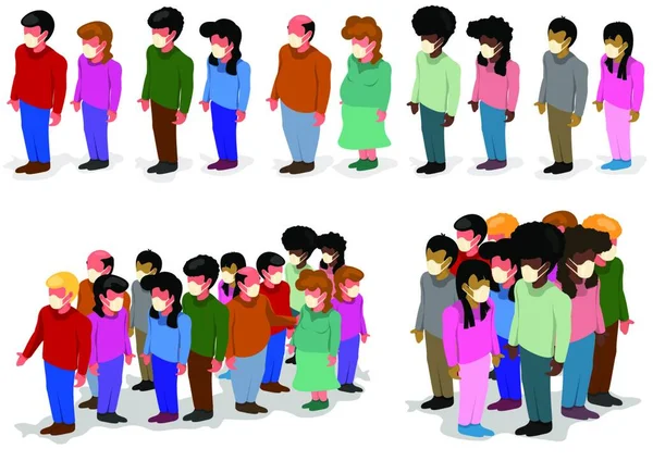 Illustration Einer Menschenmenge Mit Medizinischen Gesichtsmasken Epidemiologisches Thema Zum Schutz — Stockvektor