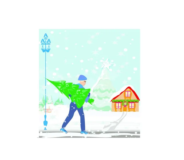 Niño Niña Esquiando Bosque Invierno Ilustración Vectorial — Vector de stock
