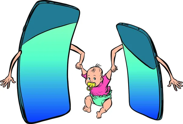 Online Leren Smartphones Voeden Een Kind Moeder Vader Telefoon Nieuwe — Stockvector