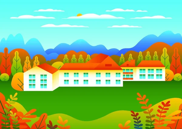 Colinas Montañas Paisaje Granja Casa Diseño Estilo Plano Ilustración Paisaje — Vector de stock