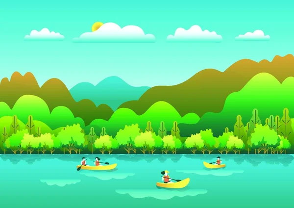 坐船作为一项运动或一种娱乐载体的平面插图 让全家人都在户外玩乐旅行 坐船去寻欢作乐湖景 人们划船 — 图库矢量图片