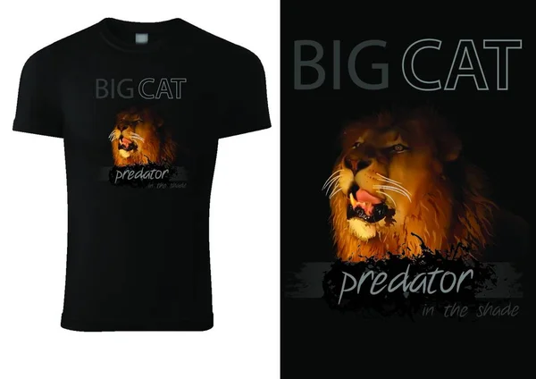 Black Shirt Print Design Lion Head Inscriptions Colored Photorealistic Illustration - Stok Vektor