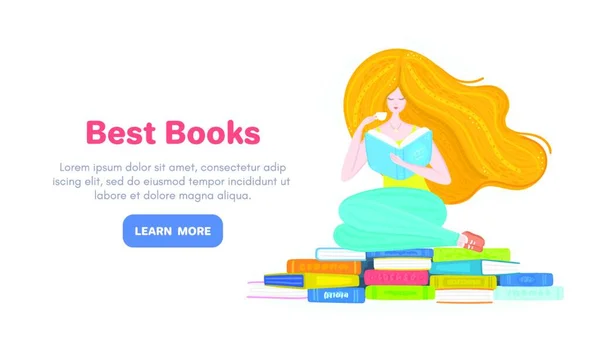 带着一堆书和一杯茶的红头发女孩的矢量背景 女人坐在书架上 图书馆 出版社的登陆页 — 图库矢量图片