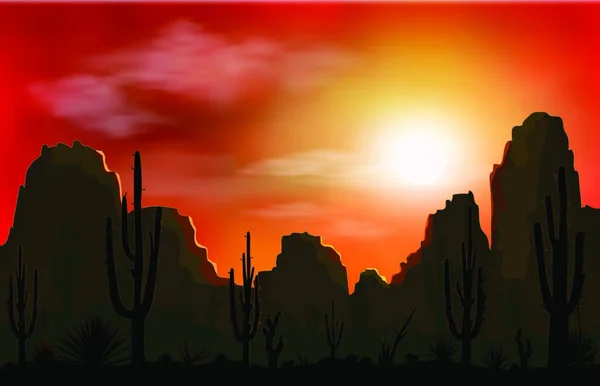 Desierto Piedra Montañas Siluetas Piedras Cactus Plantas Paisaje Del Desierto — Archivo Imágenes Vectoriales