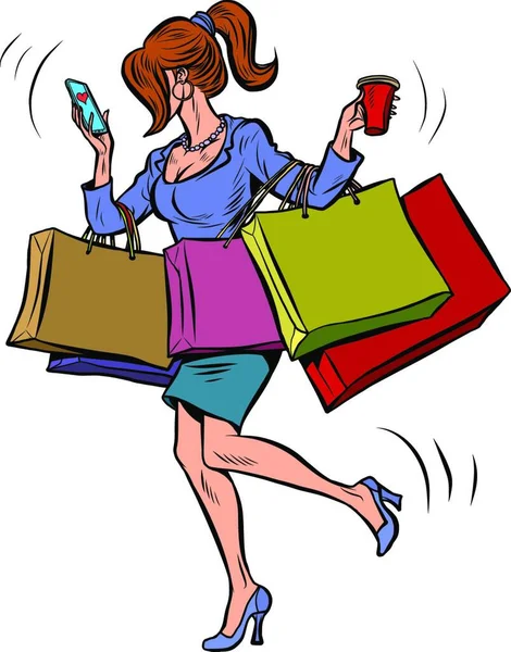 Mujer Negocios Con Compras Caricatura Historieta Poro Arte Retro Vector — Archivo Imágenes Vectoriales