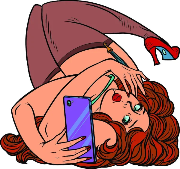 Una Mujer Sexy Toma Una Selfie Dibujo Ilustración Retro Arte — Vector de stock
