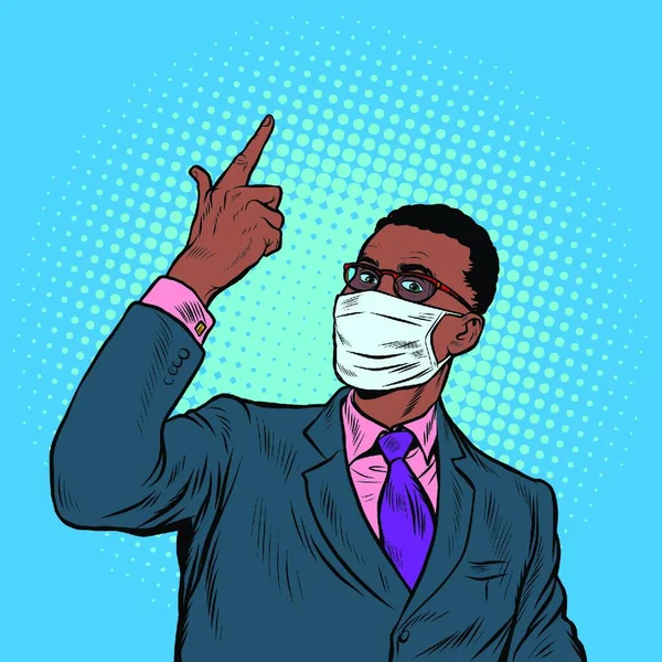 医療マスクのアフリカ人実業家 コロナウイルスの流行 隔離と隔離だ ポップアートレトロベクトルイラストヴィンテージキッチュ50 60年代スタイル — ストックベクタ