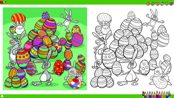 Cartoon Ilustrations Easter Bunnies Holiday Characters Colored Eggs Coloring Book — Stockový vektor