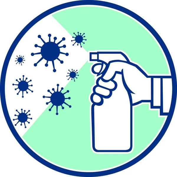 孤立背景下 手喷消毒剂喷雾剂在头孢病毒 Covid 19或流感病毒显微细胞上的图标还原图例 — 图库矢量图片