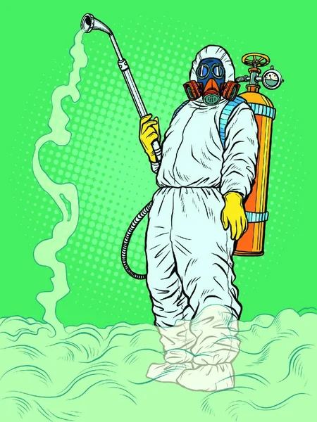 Désinfection Costume Protection Épidémie Virus Bactérie Infection Pop Art Rétro — Image vectorielle