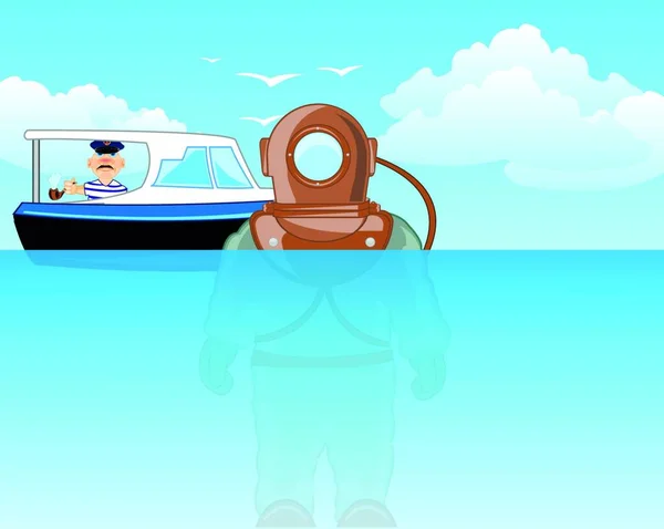 ダイバーの重水に送信し 船長と船 — ストックベクタ