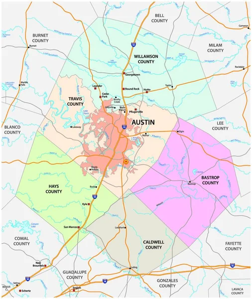 Road Administrative Vector Map Greater Austin Texas Estados Unidos — Vector de stock