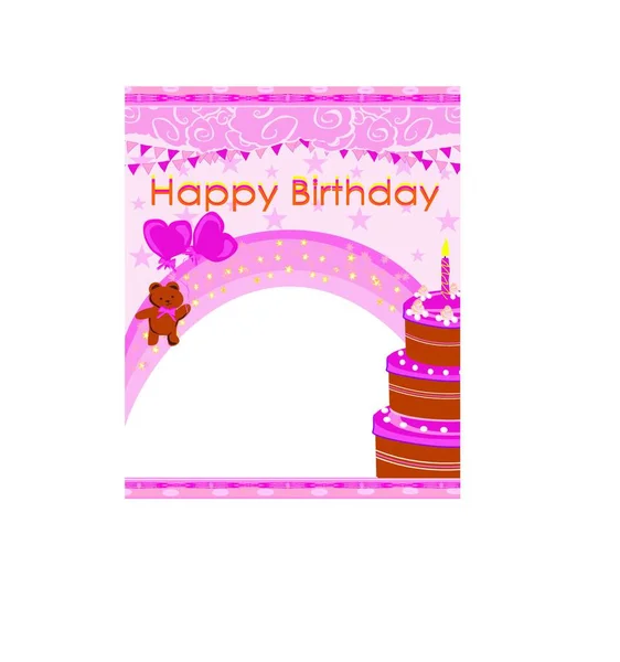 Pink Birthday Card Cute Teddy Bear Cake — Stock Vector